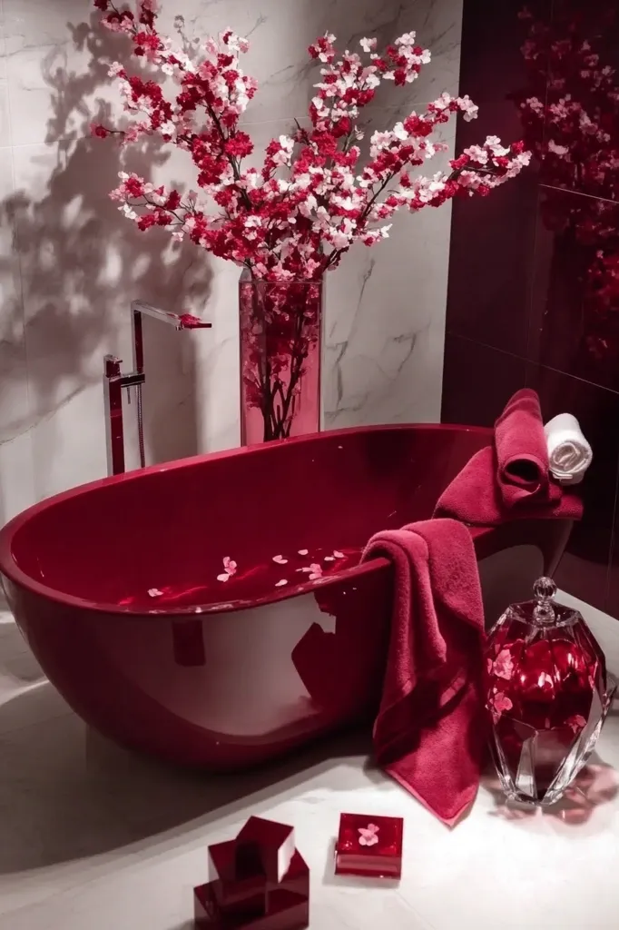 A luxurious crimson bathtub, filled with water and delicate pink petals, sits in a sophisticated bathroom.  A vibrant arrangement of pink and red blossoms in a matching vase adds to the opulent atmosphere.  Crimson towels are neatly placed beside the tub, and decorative red elements complement the overall color scheme. The marble and dark red tiles create a stunning backdrop.