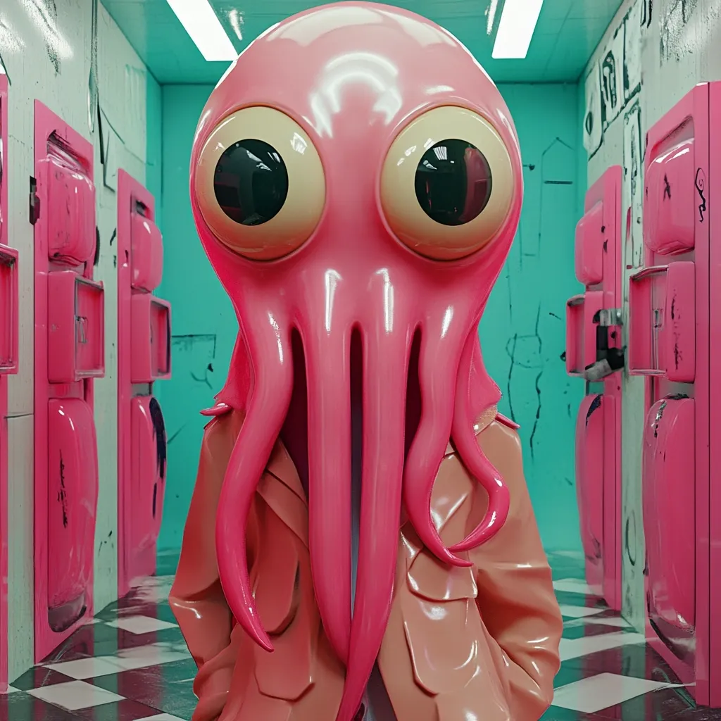 A pink octopus-headed figure stands in a hallway of pink, retro-styled lockers.  The creature's large, expressive eyes contrast with its glossy, smooth skin. The hallway features teal walls and a checkered floor, creating a surreal and slightly unsettling atmosphere.  The overall aesthetic is vibrant and playful, yet oddly disquieting.