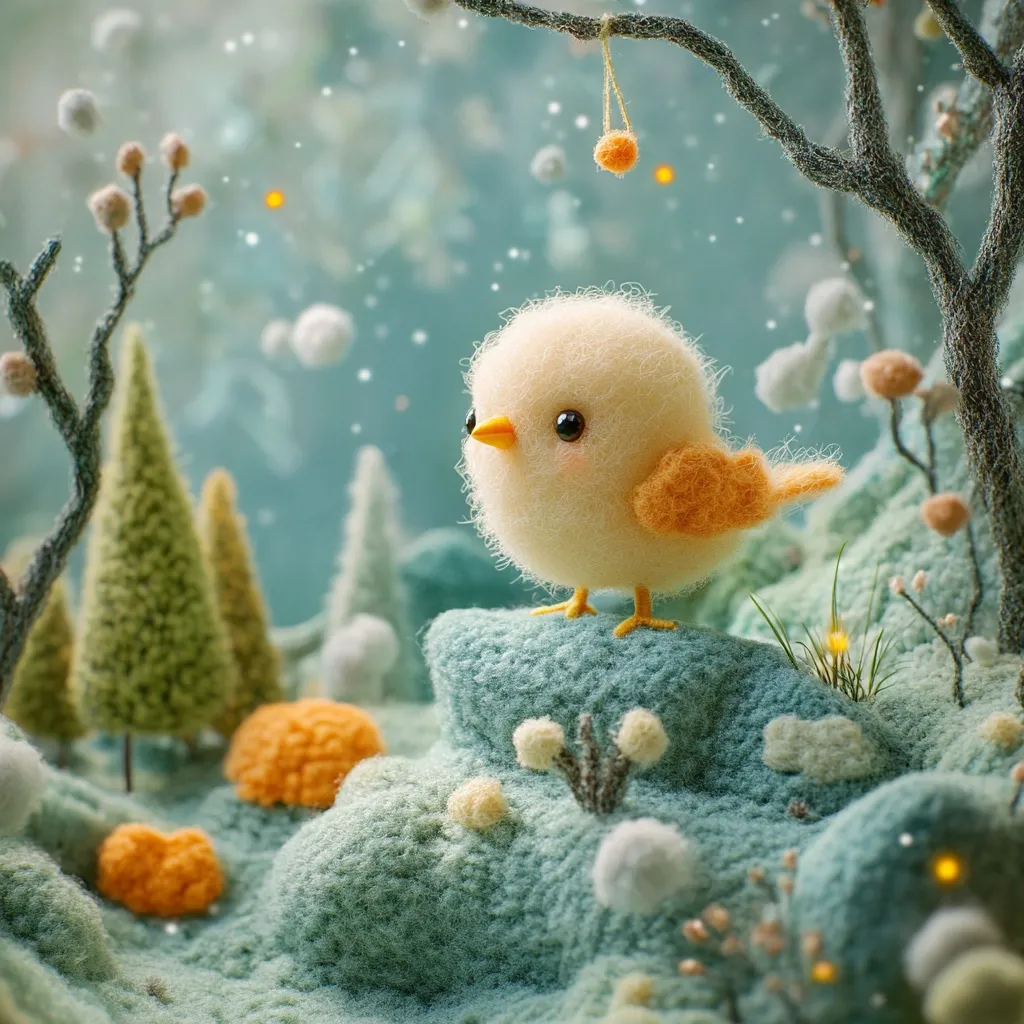 A fluffy, yellow chick with orange wings perches on a teal, textured rock.  A light snowfall gently falls in a whimsical winter scene. Miniature crocheted trees and plants surround the chick, creating a charming, miniature landscape.  The overall aesthetic is soft, cute, and idyllic, suggesting a handcrafted, felt-like texture.