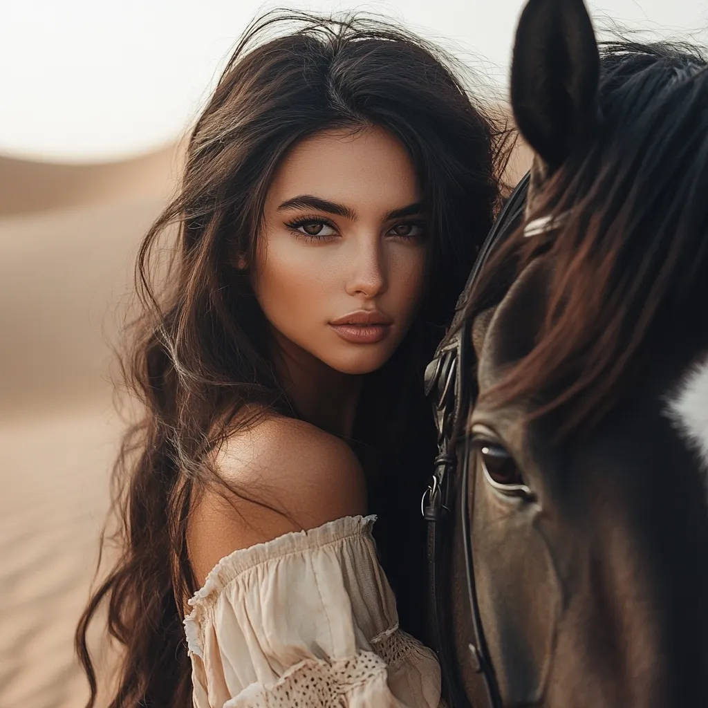 A young woman with long, dark hair and tan skin stands close to a dark brown horse.  She's wearing a beige off-the-shoulder top.  The setting appears to be a desert landscape, with sandy dunes visible in the blurred background.  The woman gazes directly at the camera, while the horse's head is partially turned.  The overall mood is serene and slightly mysterious.