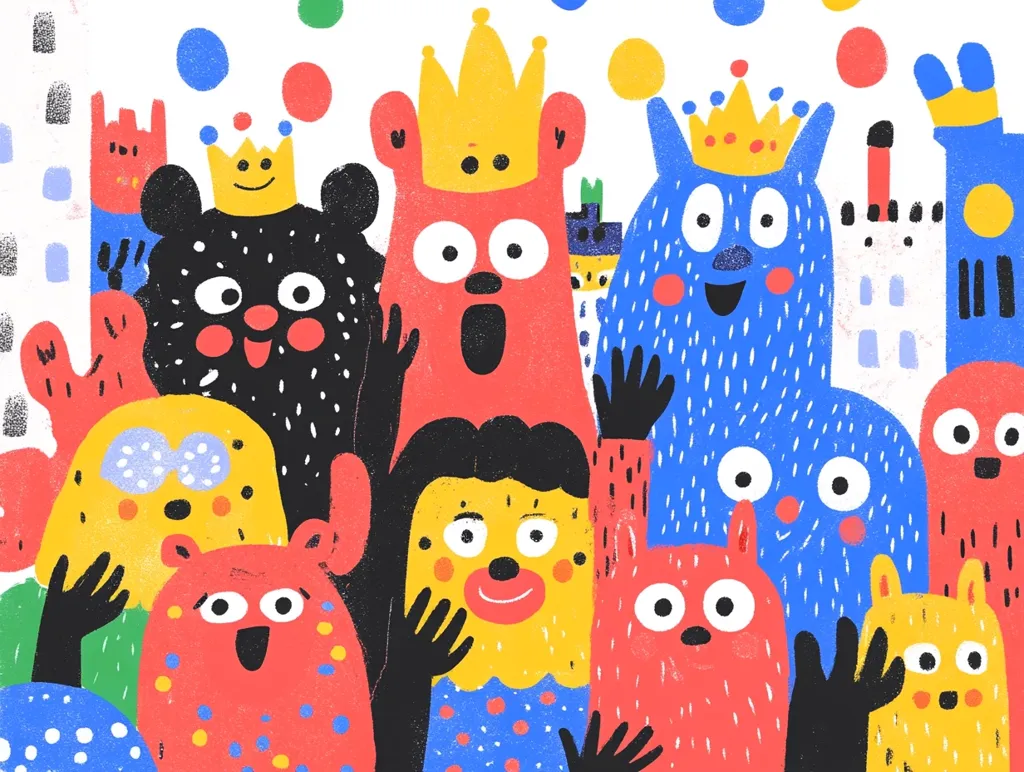 A vibrant illustration features a lively crowd of whimsical creatures, each with unique designs and expressions.  Wearing crowns, they appear joyful and playful.  Bold colors, textured surfaces, and expressive features create a fun, childlike aesthetic.  The overall impression is one of cheerful camaraderie and whimsical fantasy.  The background hints at a cityscape adding to the fantastical setting.
