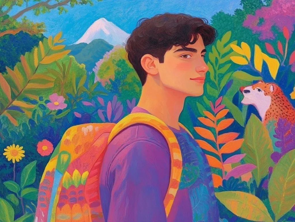 A vibrant illustration depicts a young man with dark hair, wearing a purple shirt and a colorful backpack. He's surrounded by a lush, tropical landscape with bright flowers and foliage. A snow-capped mountain is visible in the distance. A small, spotted feline peers from the foliage, adding a whimsical element to the scene. The overall style is painterly, with bold colors and expressive brushstrokes.  The image evokes a sense of adventure and tranquility.