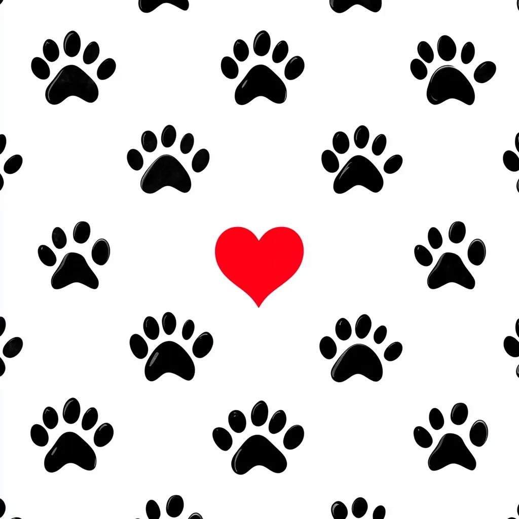 A repeating pattern of black paw prints on a white background features a single red heart in the center.  The paw prints are evenly spaced, creating a simple yet visually appealing design. The red heart adds a touch of warmth and love, suggesting a theme of pet companionship or affection for animals.
