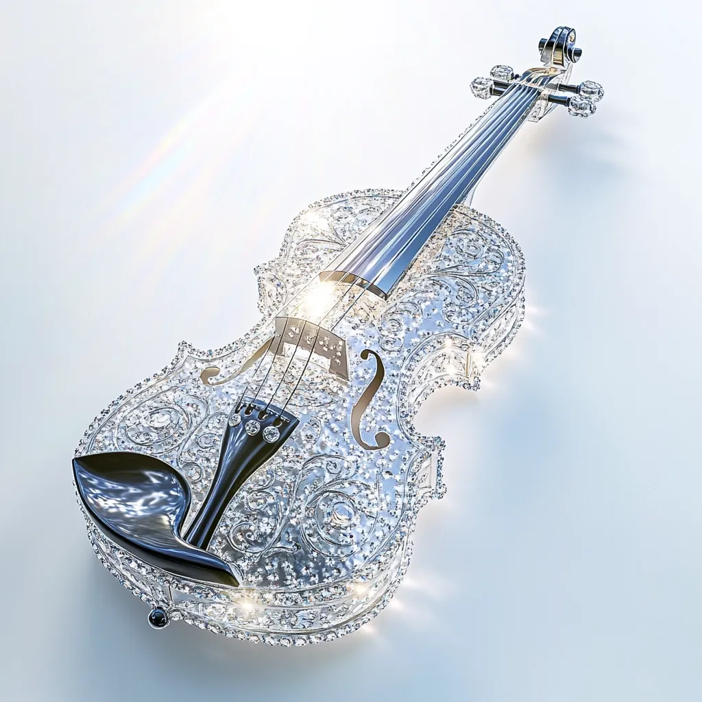 A stunning violin, meticulously crafted and encrusted with sparkling diamonds, rests against a clean white backdrop.  The intricate diamond inlay creates a dazzling floral pattern across the instrument's body.  The polished silver strings and fittings contrast beautifully with the glittering gems, showcasing a luxurious and exquisite design. The light catches the diamonds, creating a captivating shimmer.