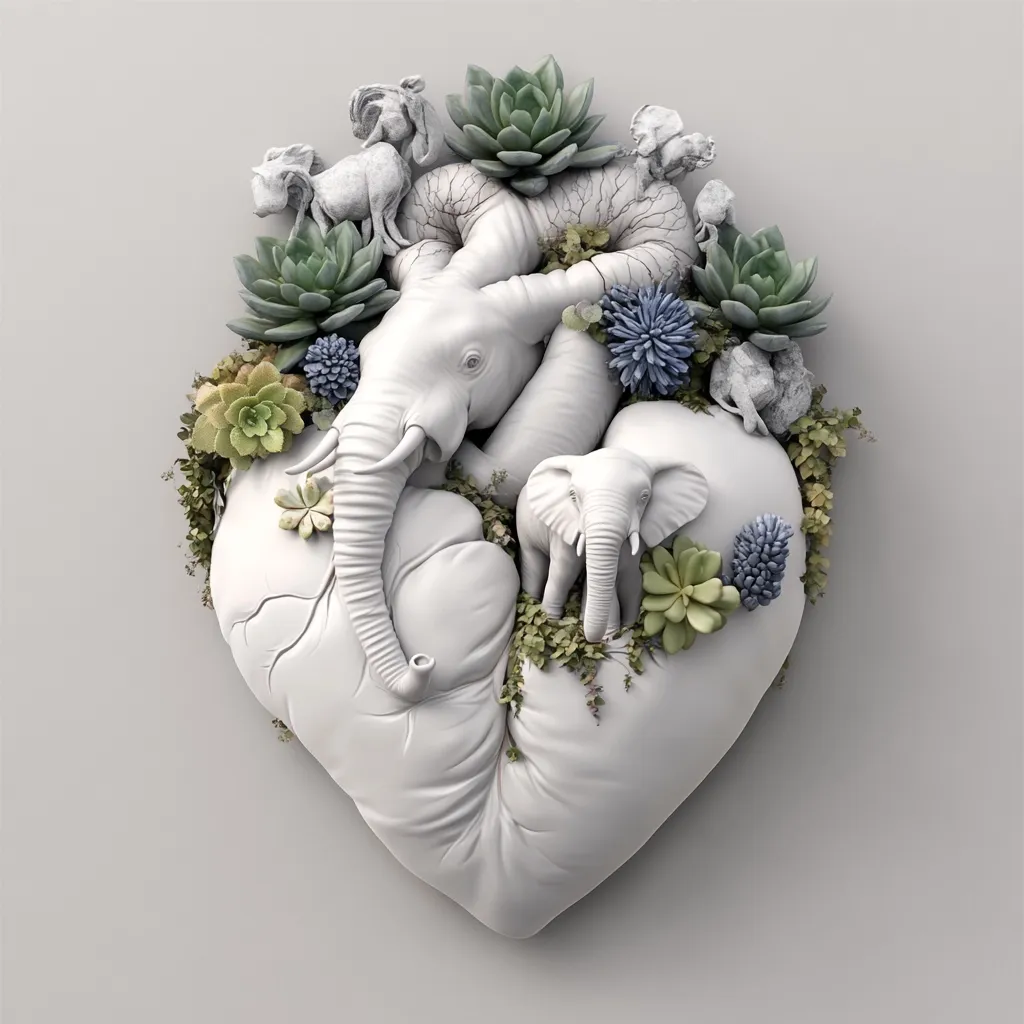 A sculpted heart forms the centerpiece of this artwork.  Two elephants, one adult and one baby, are nestled within the heart's form, surrounded by lush succulents and small animal figurines. The overall palette is monochromatic, with varying shades of gray and white, creating a serene and slightly melancholic mood. The image suggests themes of nature, wildlife conservation, and the interconnectedness of life.