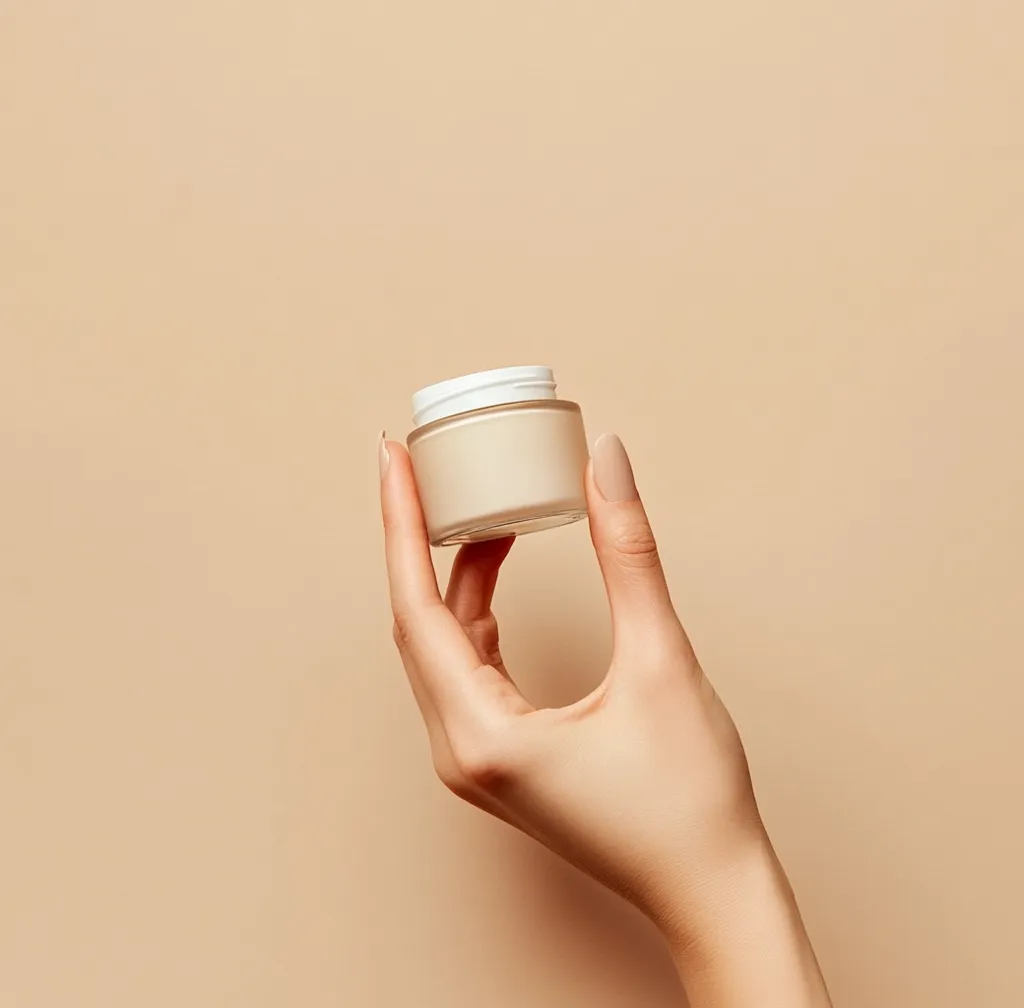 A woman's hand delicately holds a small, beige jar of cream against a muted beige background. The jar has a white lid, and the overall aesthetic is minimalist and clean. The image evokes a sense of skincare and beauty, highlighting the product's simple elegance.  The soft lighting enhances the subtle colors.