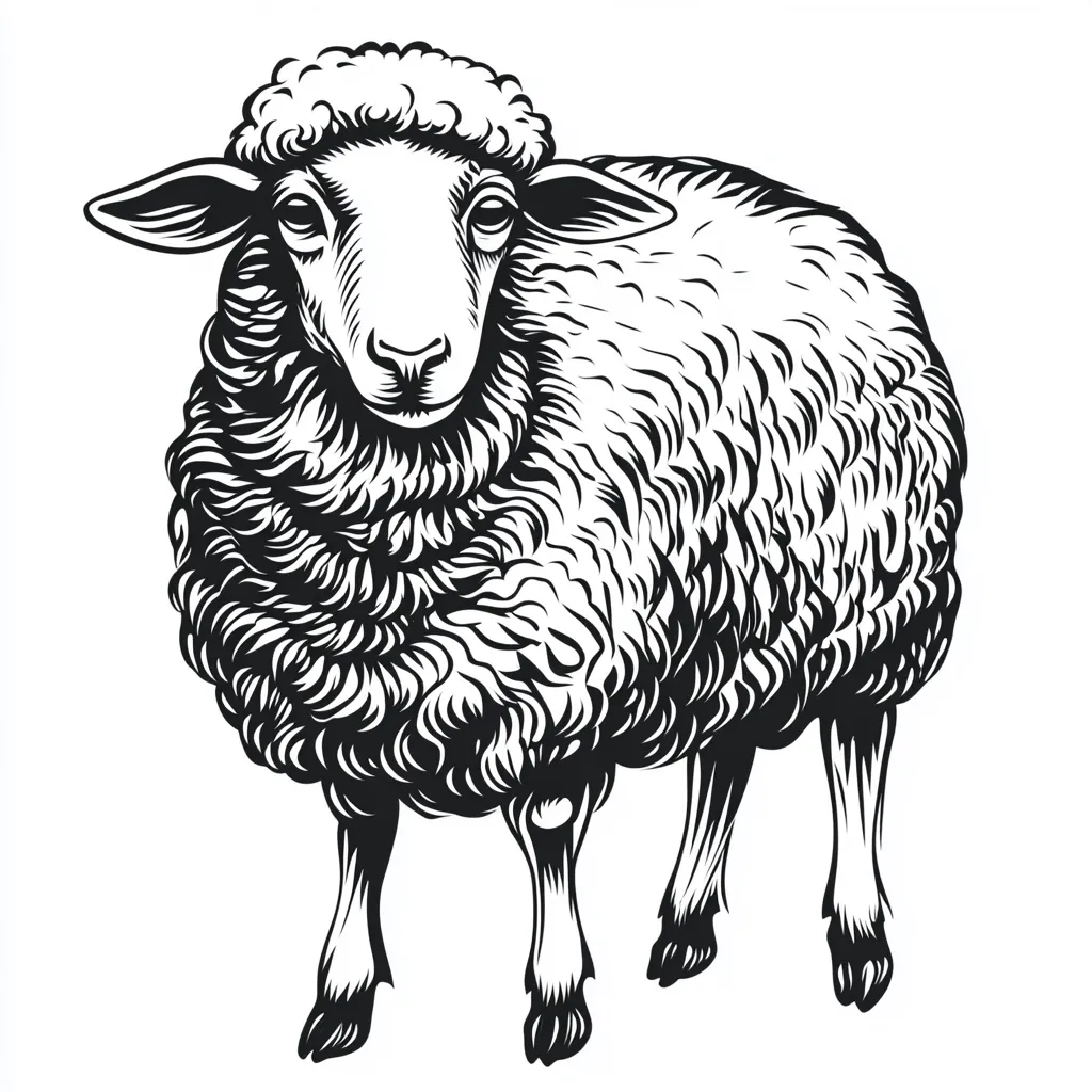 A detailed black and white illustration of a sheep. The sheep is depicted in a vintage woodcut style, with its thick, woolly coat meticulously rendered. Its legs are sturdy, and its head is held high, showcasing a calm and peaceful expression. The image is sharp and clean, creating a strong visual impact. The style evokes a sense of rustic charm and traditional artistry.