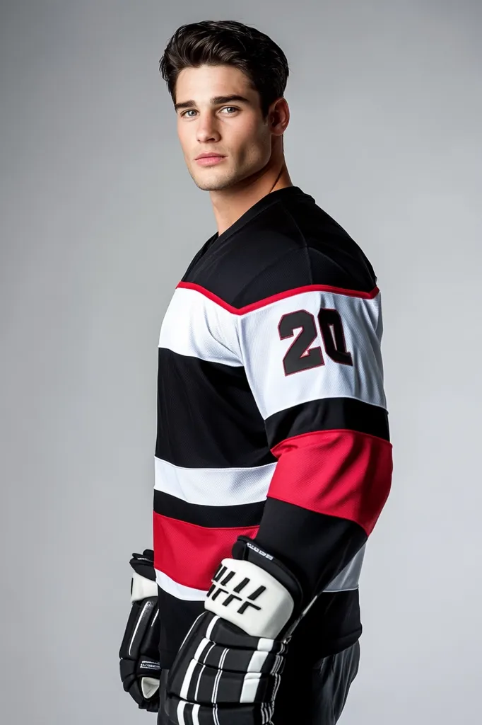 A young, handsome man with dark hair poses in a hockey jersey.  The jersey is predominantly black with white and red stripes, and the number 20 is prominently displayed on the sleeve. He wears black and white hockey gloves, and his expression is serious and direct. The background is a neutral gray, focusing attention on the subject.  The overall image is stylish and suggests a sporty, confident demeanor.