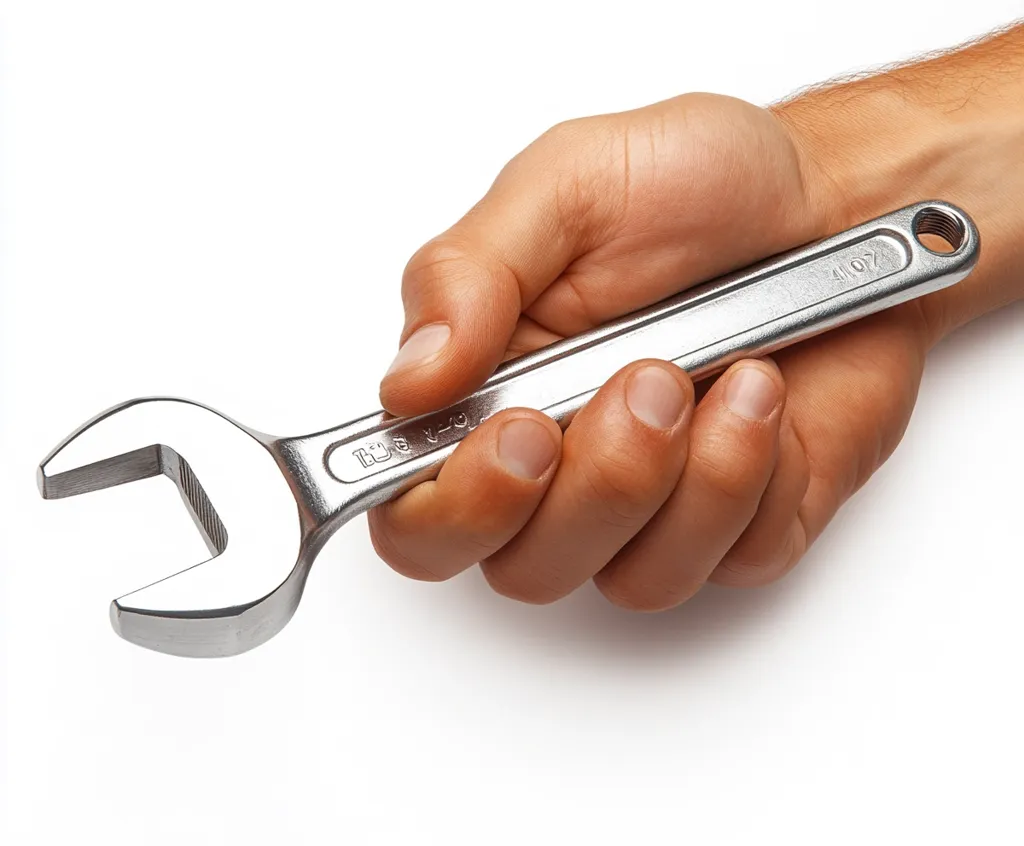 A hand firmly grasps a shiny, metallic wrench against a stark white background.  The wrench is held horizontally, showcasing its open jaw.  The image emphasizes the tool's metallic sheen and the hand's confident grip, suggesting a sense of practicality and readiness for work.  The overall composition is clean and simple.