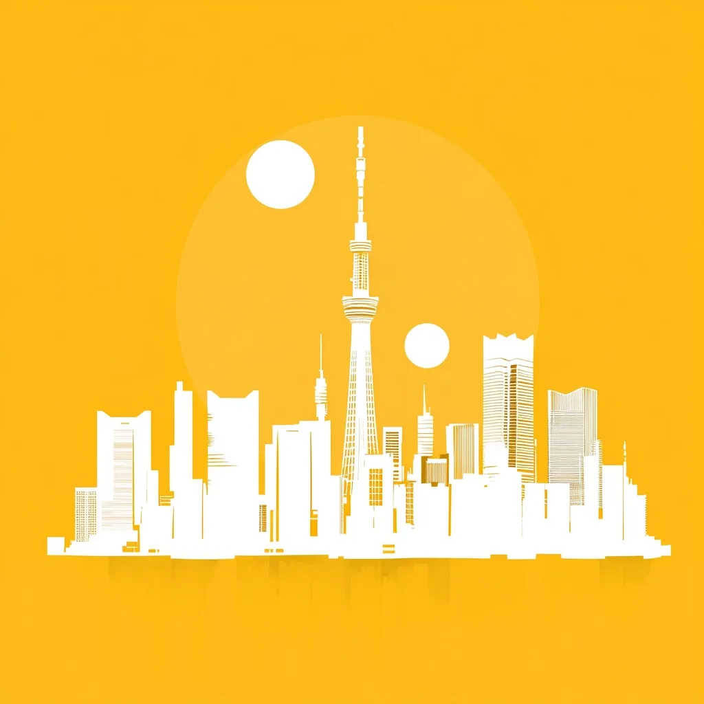 A stylized white silhouette of the Tokyo skyline is set against a vibrant yellow background.  Tokyo Skytree is prominently featured, surrounded by various buildings of different heights.  Two stylized suns or moons add to the minimalist design, creating a clean and striking image.  The overall aesthetic is modern and graphic.