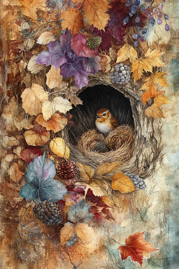 A watercolor painting depicts a small bird nestled in a cozy nest within a tree hollow.  Autumn leaves in vibrant reds, oranges, and purples surround the nest, along with clusters of berries and acorns. The scene is rich with detail, conveying a sense of warmth and the beauty of the autumn season. The bird appears content and protected within its natural haven.