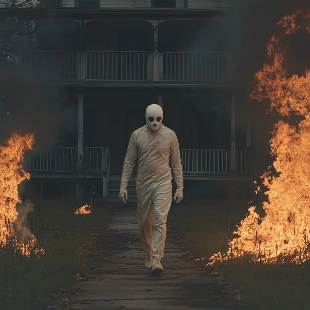 A figure in a white, featureless mask and jumpsuit walks down a path toward a large, dark house.  Fiery infernos flank the path, casting an ominous glow. The scene is atmospheric and unsettling, evoking feelings of mystery and dread. The overall mood is dark and suggestive of a sinister narrative.