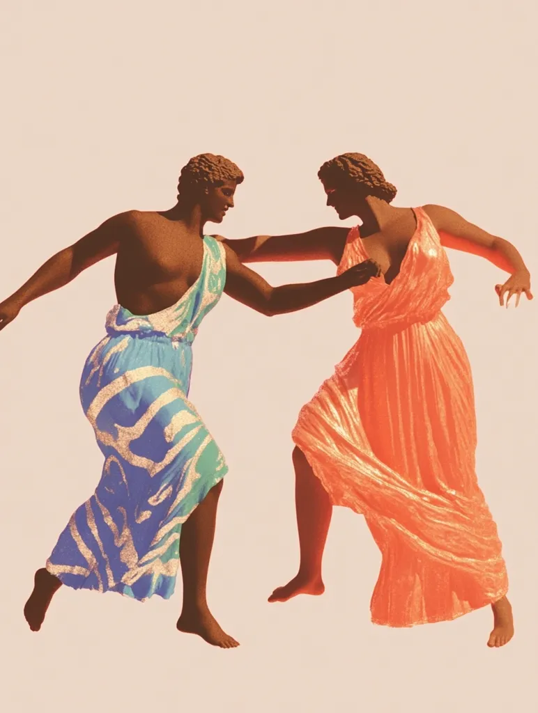 A stylized artwork depicts two figures, seemingly sculpted, engaged in a dynamic dance or interaction.  One figure, in a flowing teal and silver robe, reaches towards the other, who wears a vibrant coral dress.  Their poses suggest movement and a close connection, evoking a classical or mythological feel.  The warm color palette and smooth lines contribute to the image's artistic and evocative nature.