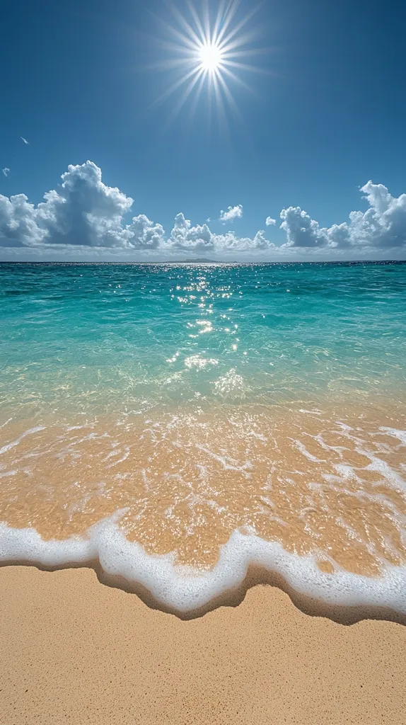 A pristine beach scene unfolds under a vibrant blue sky.  The sun shines brightly, its rays dancing on the turquoise water.  Gentle waves lap the sandy shore, creating a soft, white foam.  Fluffy white clouds add depth to the clear, bright sky. The overall scene is idyllic and tranquil, evoking a sense of peace and relaxation.
