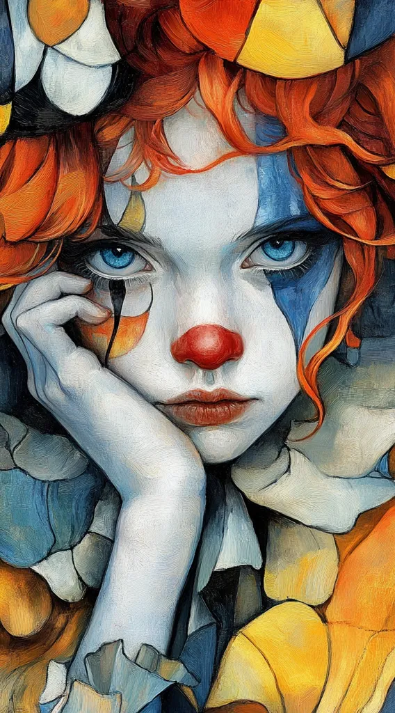 A close-up painting depicts a young woman with vibrant orange hair styled in loose curls, dressed as a clown. Her makeup is striking, featuring blue and orange accents around her eyes and a classic red clown nose.  Her expression is pensive, her hand resting on her chin. The style is painterly, with visible brushstrokes creating a textured effect, and the color palette is rich and warm.
