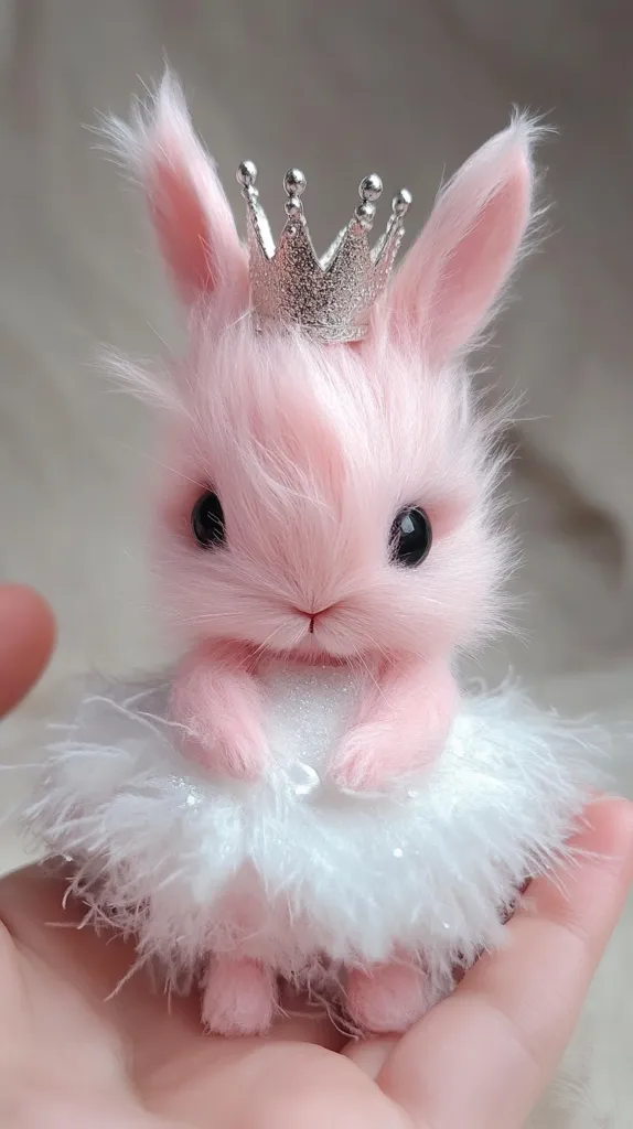 An adorable pink bunny, crafted from soft fur, is dressed in a fluffy white tutu and wears a tiny silver crown.  Its large, dark eyes and delicate features give it a charming, innocent appearance. The bunny is held gently in a hand, showcasing its miniature size and exquisite detail. The overall image evokes a sense of sweetness and fairytale charm.