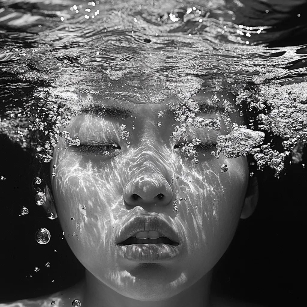 A black and white underwater close-up shot of a woman's face. Her eyes are closed, and bubbles surround her.  Sunlight refracts through the water, creating patterns on her skin. The image evokes a serene and ethereal mood, highlighting the interplay of light and water on the human form.