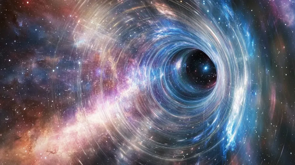 A mesmerizing depiction of a black hole, its gravitational pull warping spacetime.  Swirling nebulae in vibrant hues of pink, purple, and blue surround the dark abyss, creating a cosmic vortex.  Distant stars twinkle amidst the swirling gases, emphasizing the immense scale and power of the black hole within the vast expanse of space.