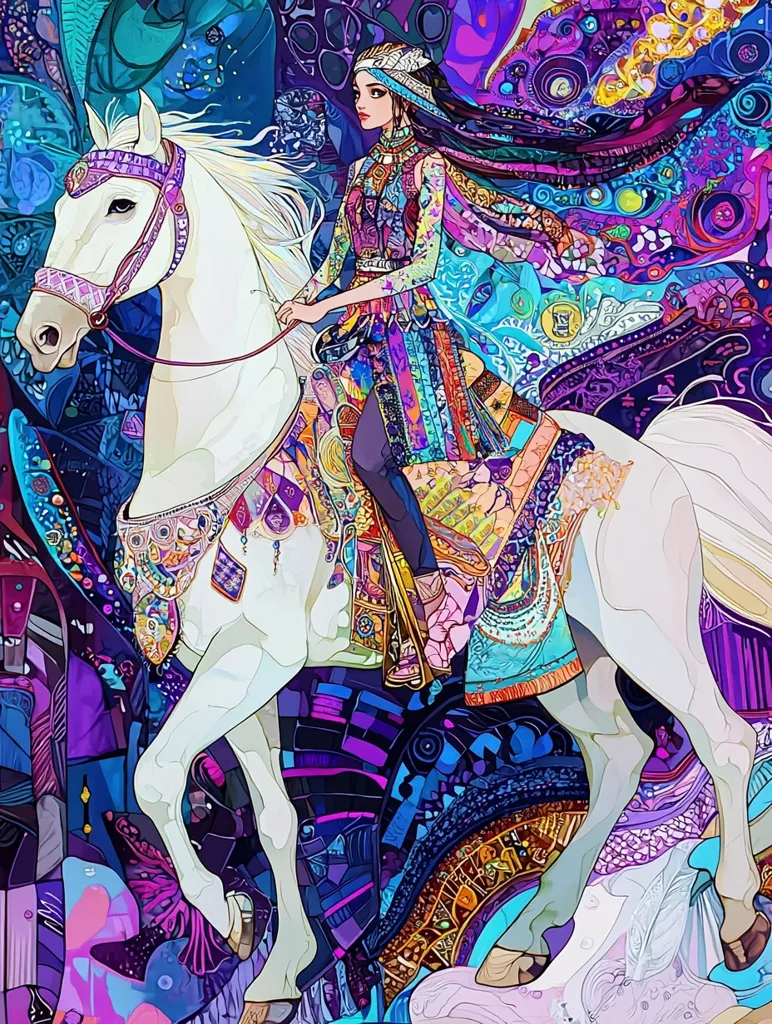 A vibrant, stylized artwork depicts a woman in a richly colored, patterned dress riding a white horse.  Her long hair flows behind her, blending with the swirling, abstract background of blues, purples, and pinks. The horse is adorned with elaborate bridles and trappings, echoing the intricate detail of the woman's clothing. The overall style is reminiscent of stained glass or mosaic art, with bold lines and a kaleidoscopic effect.