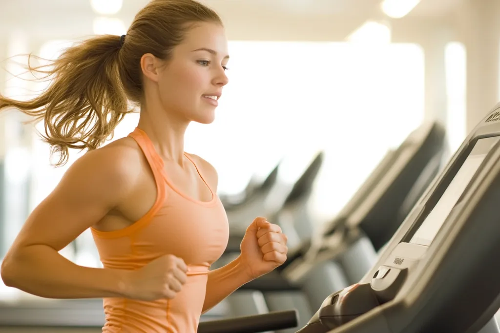 A young woman with blonde hair tied back in a ponytail is jogging on a treadmill at a brightly lit gym. She's wearing a peach-colored tank top and appears focused on her workout.  Other treadmills are visible in the blurred background, suggesting a busy fitness center.  Her expression is one of concentration and determination.