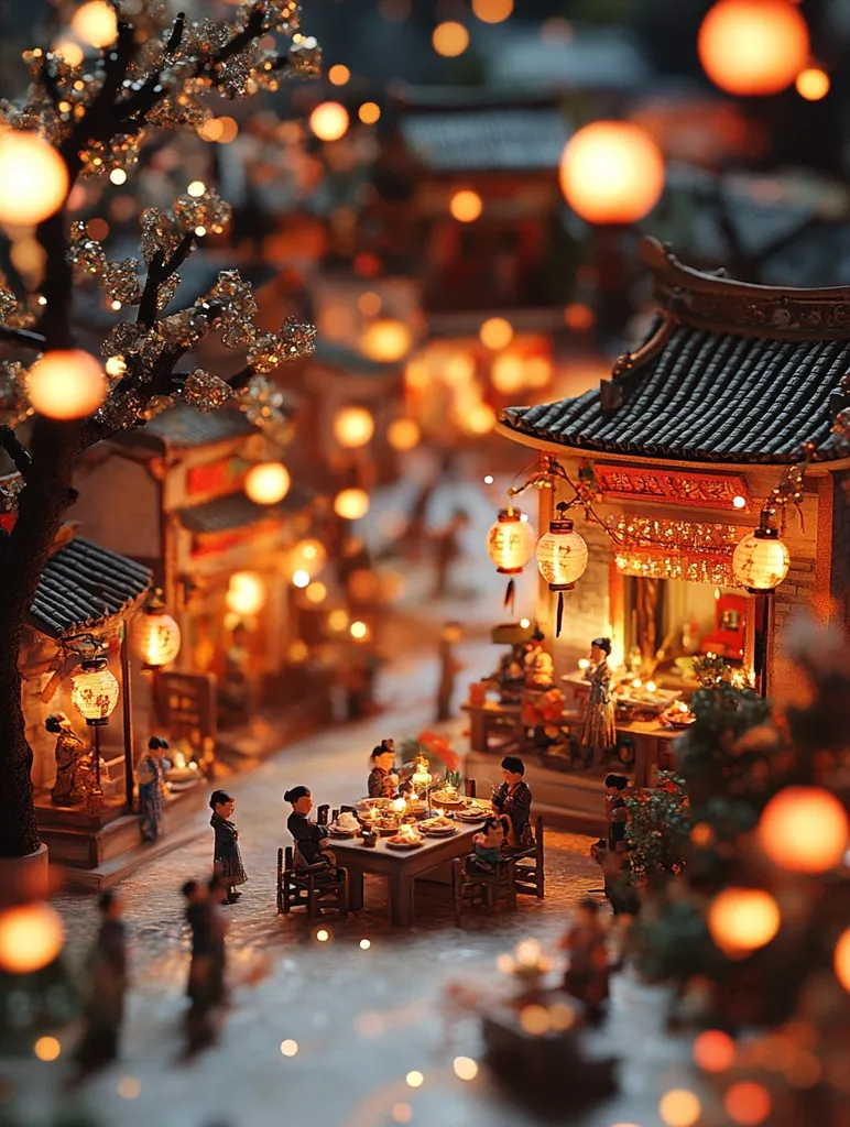 A miniature Asian village scene is illuminated by warm, glowing lanterns and lights. Tiny figures gather around a table for a meal, creating a charming and festive atmosphere.  Traditional architecture and blossoming trees add to the whimsical setting, resembling a meticulously crafted diorama or model. The overall effect is cozy and inviting, with a focus on the details of the miniature world.