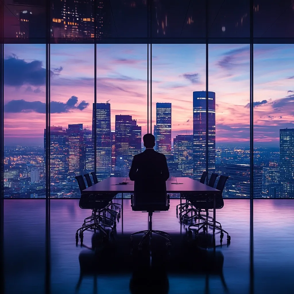 A lone businessman sits at the head of a large conference table in a modern, high-rise office.  The panoramic windows offer a breathtaking view of a city skyline at sunset, bathed in warm, purplish hues.  The scene is evocative of success, ambition, and contemplation, emphasizing the vastness of the urban landscape below.