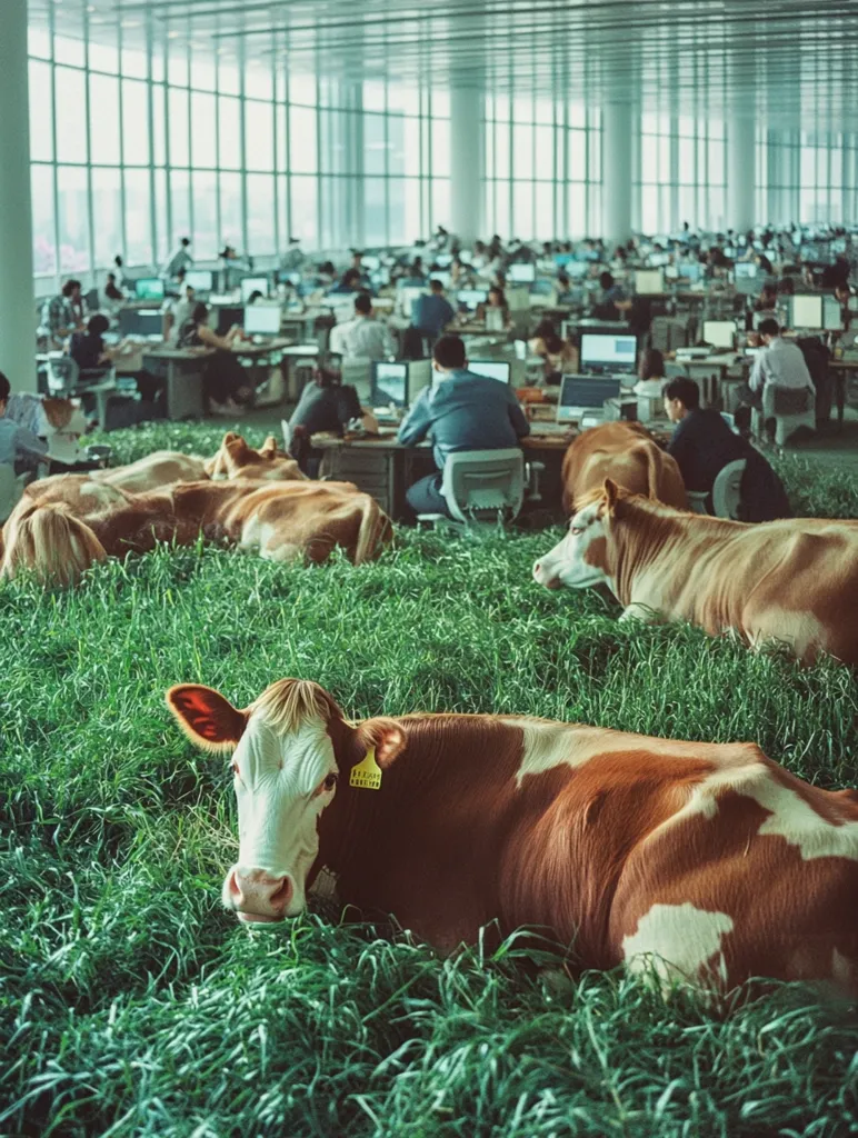 Several cows are lying in a patch of grass amidst a bustling office space filled with rows of computer workstations and seated employees.  The unexpected juxtaposition of rural livestock and a modern workplace creates a surreal and humorous scene. The cows appear calm and relaxed, contrasting the likely activity of the office workers.  The large windows provide ample natural light to the open-plan office.