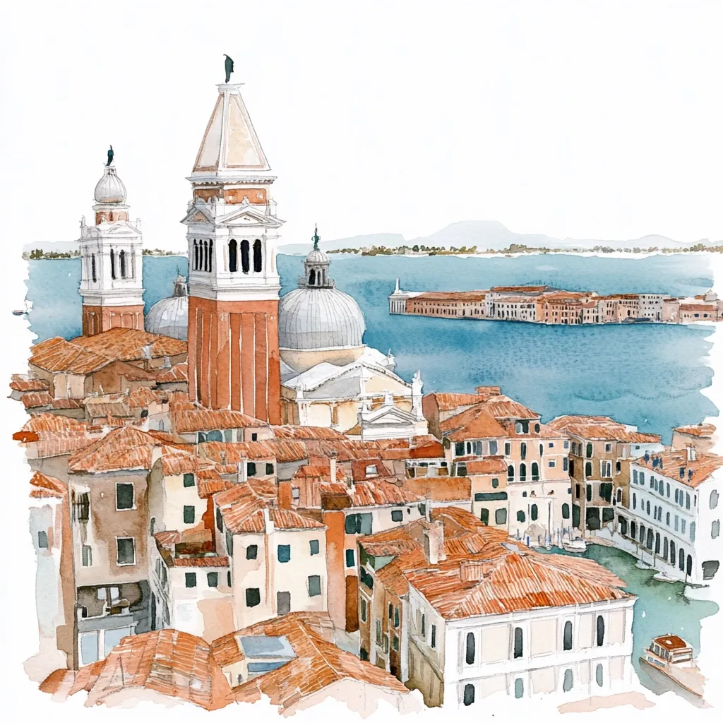A watercolor painting depicts a Venetian cityscape.  Dominating the foreground are terracotta rooftops of densely packed buildings, punctuated by the elegant campanile of a church.  A larger church dome and another bell tower are visible in the mid-ground.  The tranquil blue waters of a canal and the distant Venetian islands complete the picturesque scene, evoking a sense of calm and classic Italian beauty.