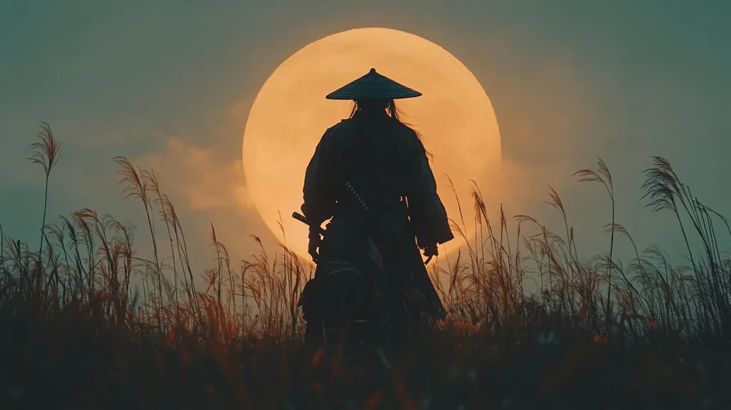 Silhouetted against a large, golden full moon, a lone samurai stands in a field of tall grass.  The samurai, wearing a traditional conical hat and carrying a sword, appears to be accompanied by a dark, possibly canine, companion. The scene is evocative of a classic Japanese film, filled with mystery and a sense of quiet contemplation.  The overall mood is serene yet slightly melancholic.
