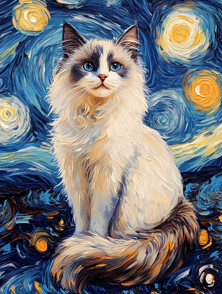 A Ragdoll cat, rendered in the style of Van Gogh's "The Starry Night," sits serenely. Its fluffy white fur and striking blue eyes are emphasized by the swirling brushstrokes of the background. The painting mimics the artist's characteristic impasto technique, creating texture and depth.  Bright yellow stars punctuate the dark blue night sky, mirroring the cat's captivating gaze.