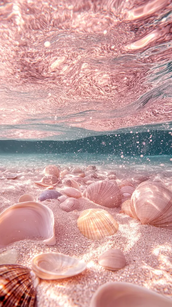 An underwater shot reveals a serene seascape.  Pink-hued water shimmers above a sandy seabed scattered with an array of delicate seashells in varying shades of pink and beige. The light filters through the water, creating a dreamy, ethereal ambiance. The scene is peaceful and evokes a sense of calm and beauty.