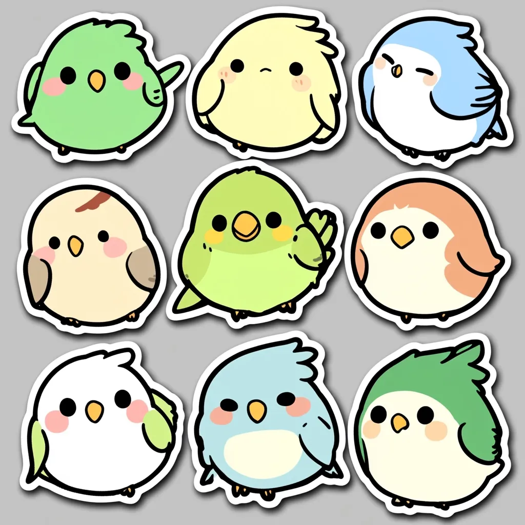 Nine adorable cartoon bird stickers are arranged in a grid.  Each bird is round and plump, featuring pastel colors and large, expressive eyes.  The birds are various species, including parakeets and possibly budgies, each with a unique color palette.  They are presented in a simple, appealing style, ideal for children or bird enthusiasts.