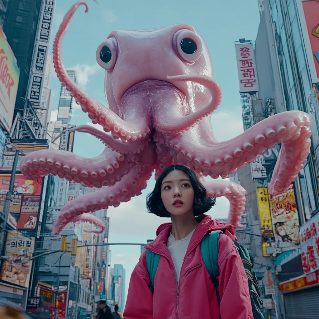 A young woman with short dark hair, wearing a pink jacket and backpack, stands in a bustling Asian city street.  Above her, a giant, pale pink octopus looms, its tentacles arching over her. The scene is surreal and vibrant, with bright signage and buildings forming a backdrop to the unusual juxtaposition of the woman and the colossal cephalopod.