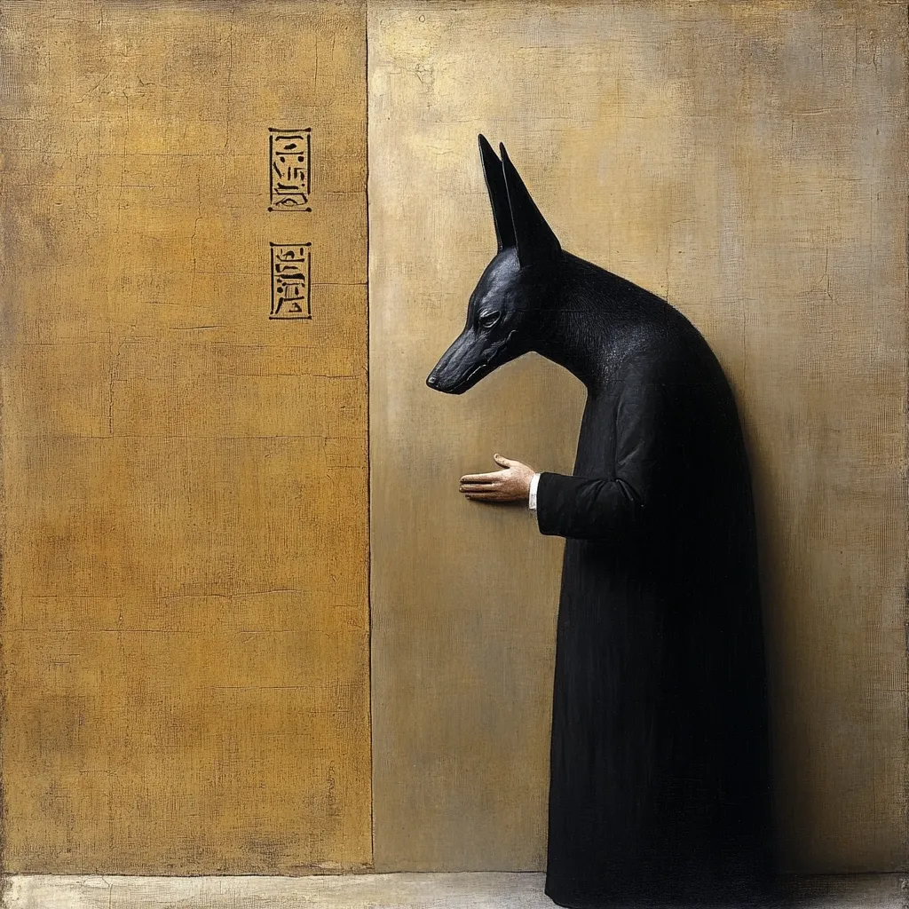 The painting depicts a figure with the head of a black Anubis jackal, dressed in a long, dark robe.  It stands before a large, tan wall, its hand resting on the surface.  Two vertical, dark markings are visible on the wall, resembling ancient hieroglyphs or seals. The overall style is surreal and reminiscent of classical portraiture, creating a sense of mystery and the juxtaposition of ancient symbolism with modern aesthetics.