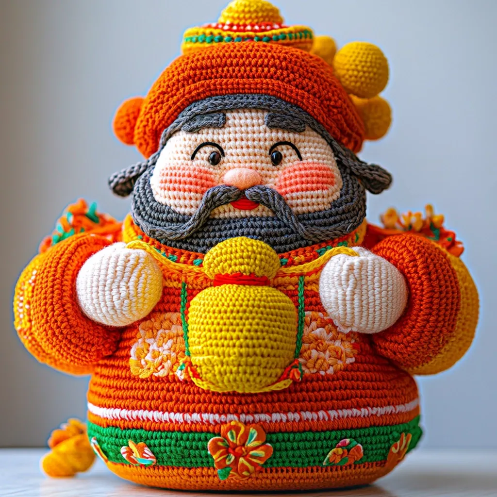A charming crocheted figurine of the Chinese God of Wealth, or Cai Shen, is depicted.  Clad in vibrant orange and yellow, he holds a golden ingot.  Intricate details, including a detailed face and ornate clothing, are visible. The amigurumi-style craftsmanship showcases a delightful blend of colors and textures, making it a festive and auspicious piece.