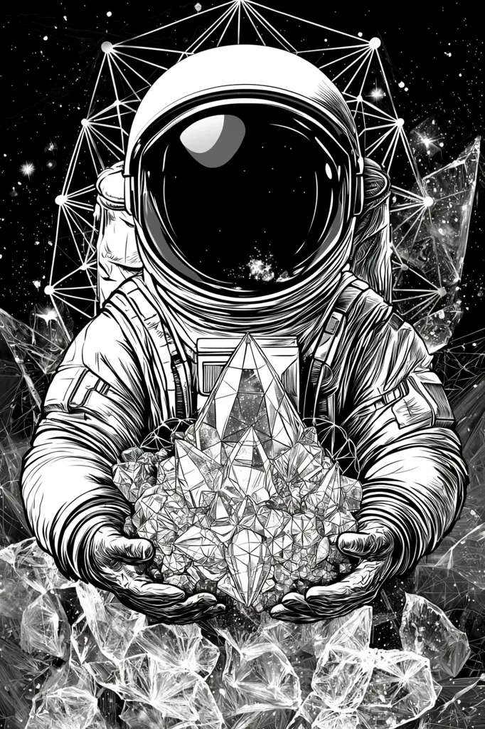 A black and white illustration depicts an astronaut in a detailed, etched style, cradling a cluster of large, geometric crystals.  The astronaut is set against a backdrop of space, rendered with connecting lines suggestive of constellations or a network. The overall style is reminiscent of a graphic novel or a print for a science fiction or fantasy theme. The contrast between the astronaut's rigid suit and the delicate crystals creates a visually striking image.