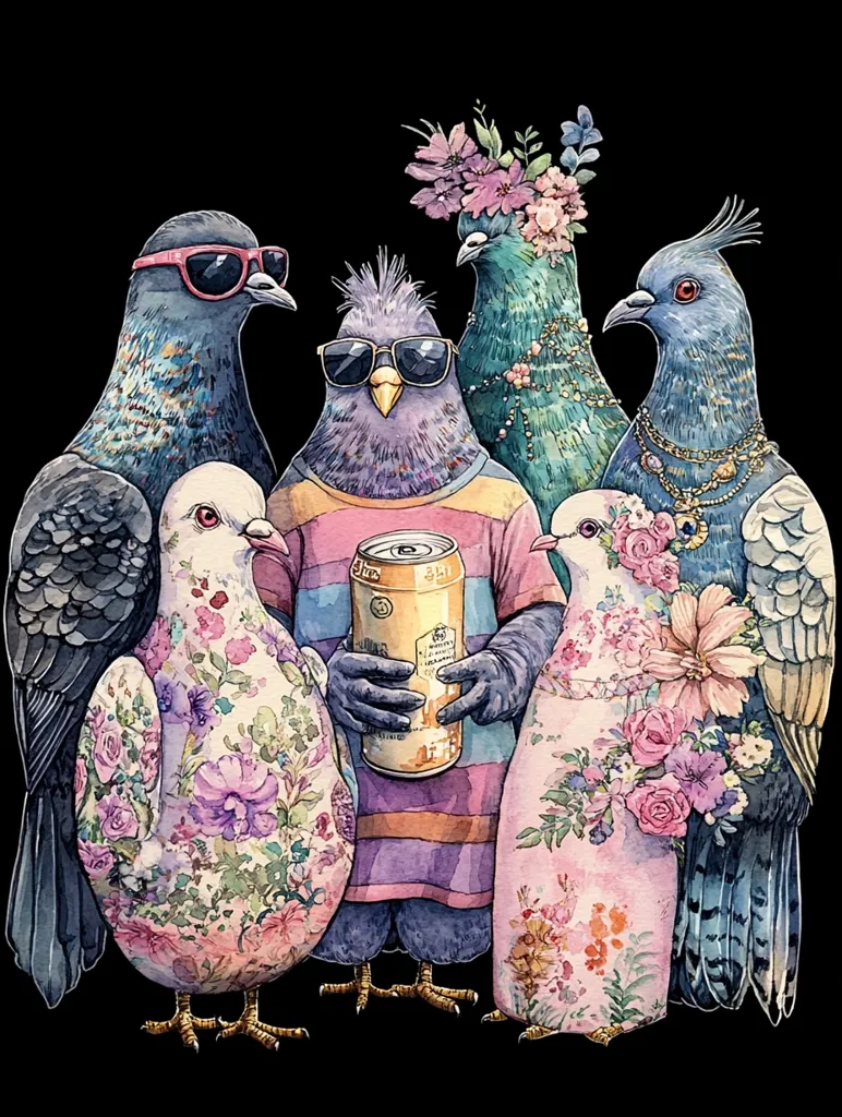 Five pigeons, stylishly adorned, gather together. One sports sunglasses and a striped shirt, holding a beer can.  Another wears a floral crown, and two more are dressed in floral patterns. The last pigeon dons a gold necklace.  The group is depicted in a watercolor style against a black background, creating a vibrant and whimsical scene.