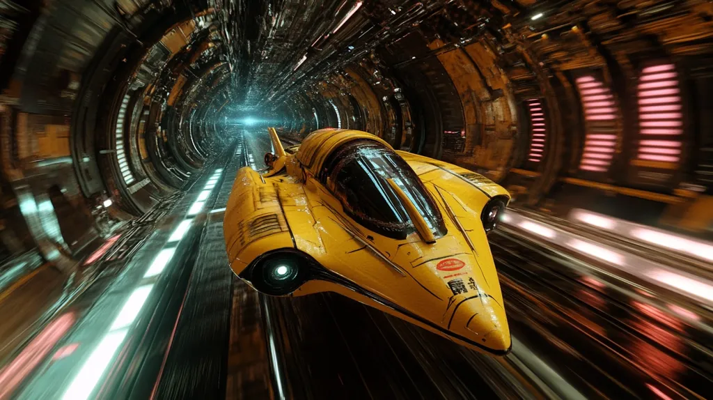 A vibrant yellow spaceship, seemingly wet, speeds through a futuristic, circular tunnel.  The tunnel walls are metallic, with glowing lights and intricate details.  Motion blur emphasizes the high velocity of the craft as it hurtles towards a bright light at the tunnel's end.  The overall aesthetic is sleek, sci-fi, and dynamic.