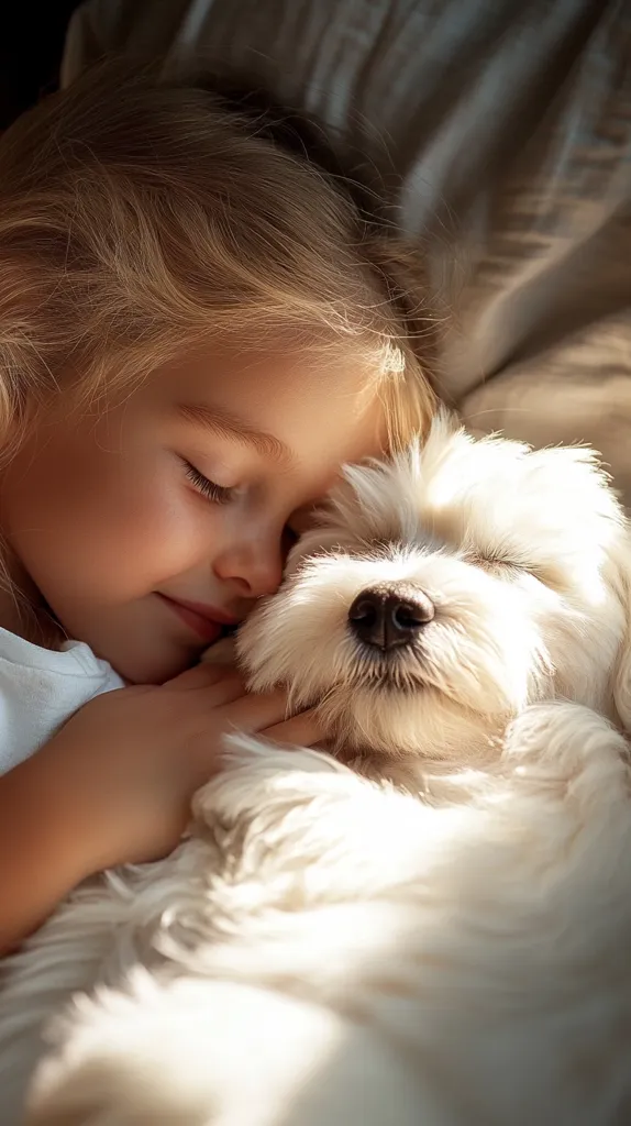 A young girl with blonde hair sleeps soundly, her arm wrapped around a fluffy white dog.  The dog rests peacefully beside her, its eyes closed.  Sunlight streams onto the pair, creating a warm and tender scene.  They cuddle closely together, sharing a peaceful slumber. The image conveys a sense of comfort, love, and the bond between a child and their pet.