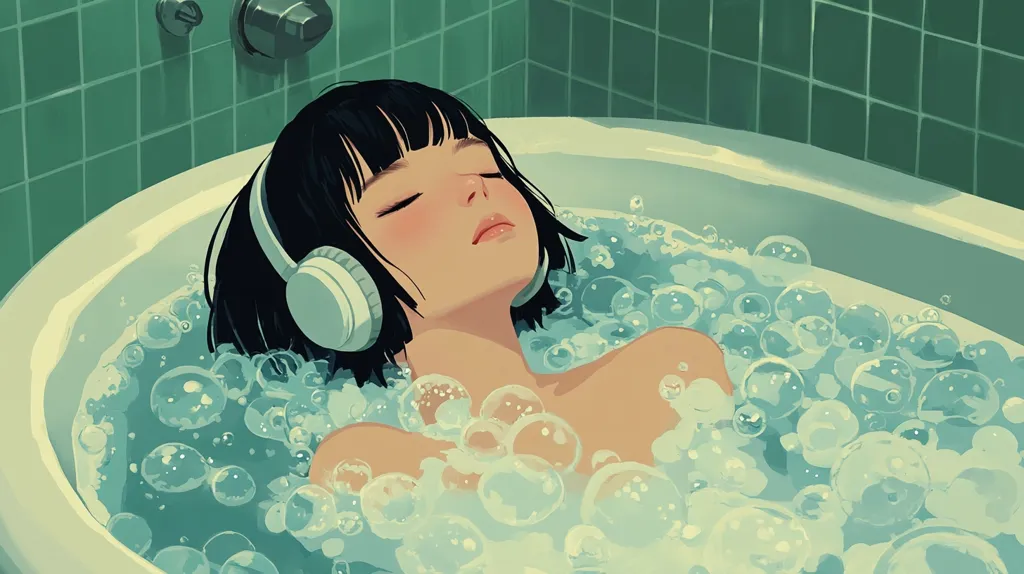 A young woman with short black hair relaxes in a bubble bath.  She wears white over-ear headphones, eyes closed, and a serene expression.  The bathtub is white, set against a teal tiled wall.  The overall mood is peaceful and calming, suggesting a moment of quiet self-care.