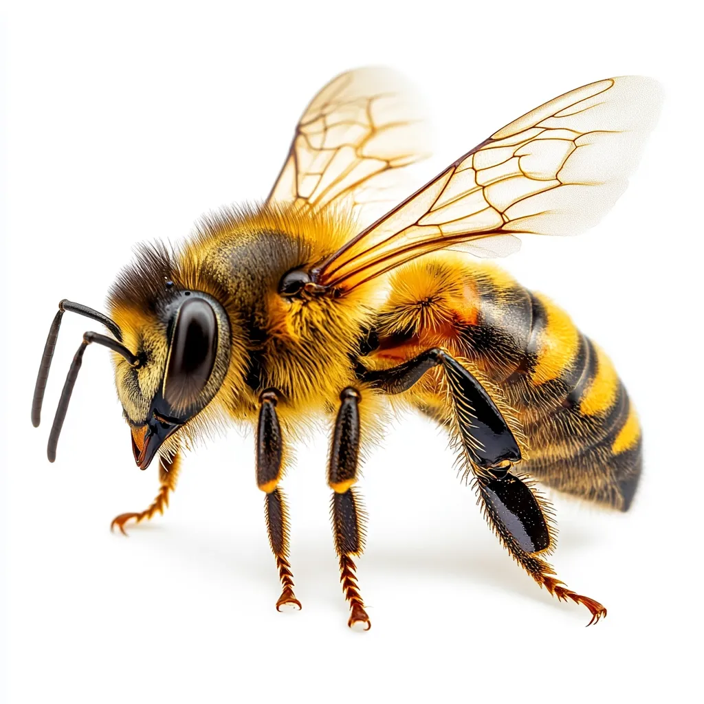 A close-up shot reveals a honeybee, its intricate details sharply in focus.  The bee's hairy body displays a rich blend of golden yellow and dark brown stripes.  Its translucent wings are delicately veined, and its six legs are clearly visible, showcasing its hairy texture. The image is set against a pure white background.