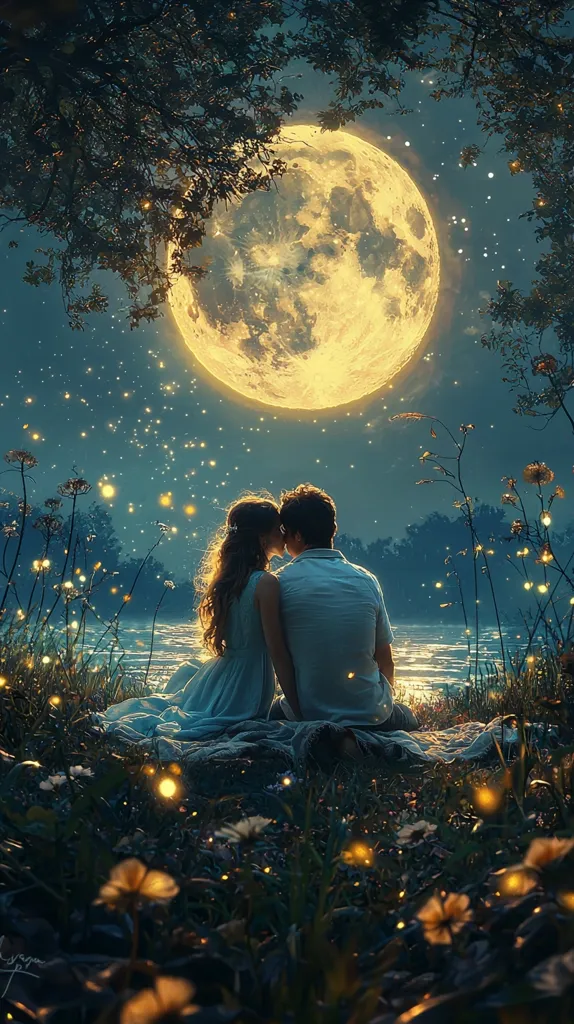 A romantic couple sits embraced by a tranquil lake under a massive, luminous moon.  Fireflies twinkle around them, illuminating the lush greenery.  The night sky is filled with stars, creating a magical and serene atmosphere.  The scene evokes feelings of love, peace, and wonder.
