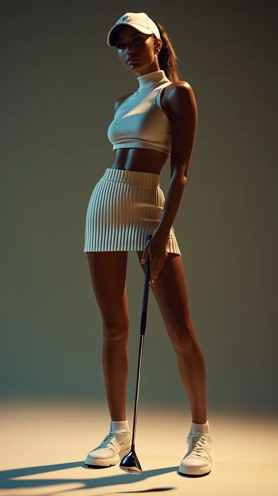 A stylish woman, clad in a white ribbed crop top and matching mini skirt, stands poised with a golf club.  She wears a white visor and white sneakers, completing a chic athletic look.  The dramatic lighting accentuates her physique and the scene's overall sophistication.  The image suggests a modern take on golf fashion and athleticism.