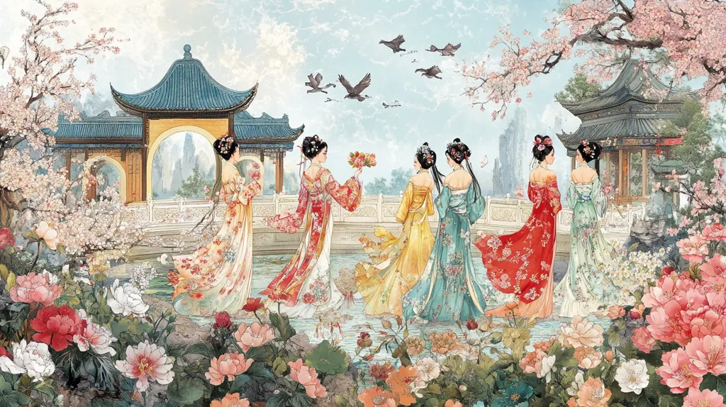 Five elegantly dressed women in traditional Chinese attire stroll through a serene garden.  They are surrounded by blooming peonies and cherry blossoms, with birds in flight overhead.  Ornate Chinese pavilions and a tranquil pond form a picturesque backdrop to this scene of refined beauty and tranquility.  The artwork is painted in soft, watercolor-like hues.