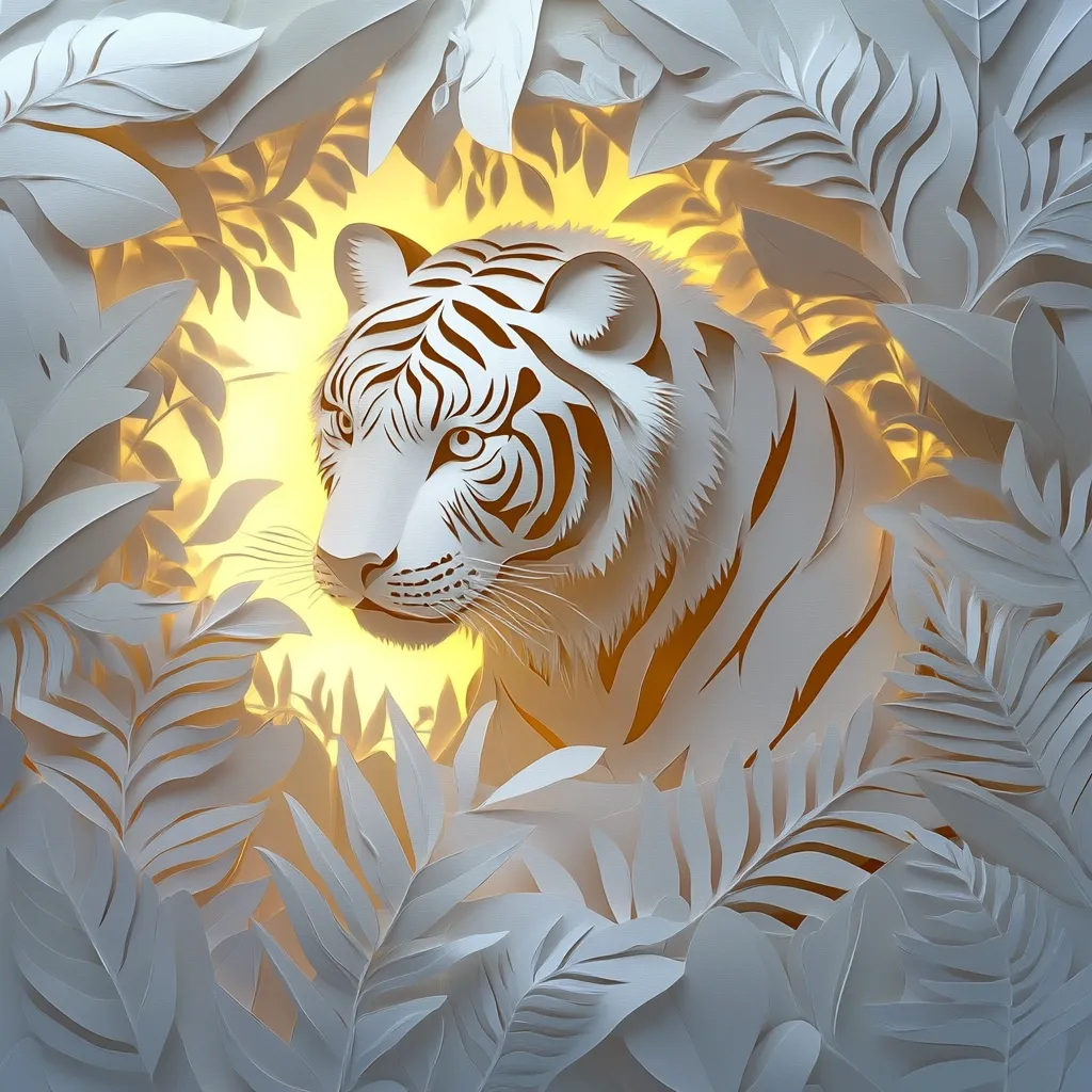 A stunning paper-cut artwork depicts a white tiger subtly nestled within a dense, intricately designed jungle scene.  The tiger's form is rendered with remarkable detail, its stripes and features clearly defined against the glowing, warm background light that filters through the foliage.  The contrasting textures and delicate layers of the paper create a three-dimensional effect, enhancing the overall artistry and captivating realism.