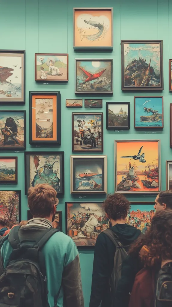 A teal wall displays a diverse collection of framed artwork.  The paintings and drawings range in style and subject matter, from landscapes and surreal scenes to figures and abstract compositions.  Three young adults with backpacks stand observing the art, engaged in the gallery experience.  The gallery is densely packed with art, creating a rich and varied visual display.