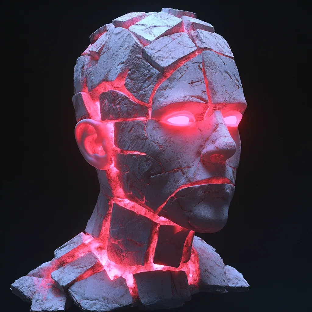 A 3D rendering depicts a fractured stone bust of a human head and neck.  The stone is light gray, with cracks revealing an inner red glow, particularly vibrant in the eyes. The cracks are numerous and irregular, giving the impression of a shattered or fragmented form. The overall effect is both artistic and unsettling, suggestive of vulnerability or internal conflict.