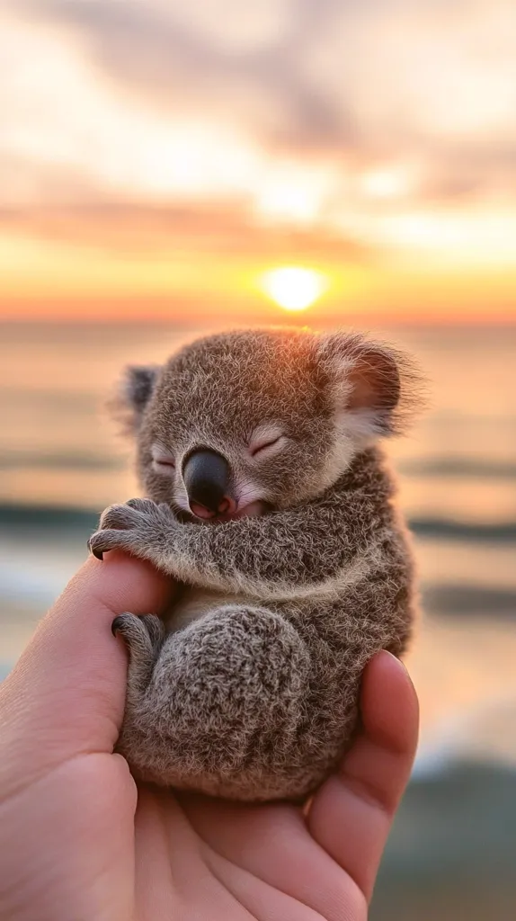 A tiny koala joey, eyes closed, sleeps peacefully nestled in a human hand.  The soft fur of the joey contrasts beautifully against the warm, golden hues of a sunset over a calm ocean. The scene evokes a sense of tenderness and the fragility of wildlife.  The image is serene and heartwarming.