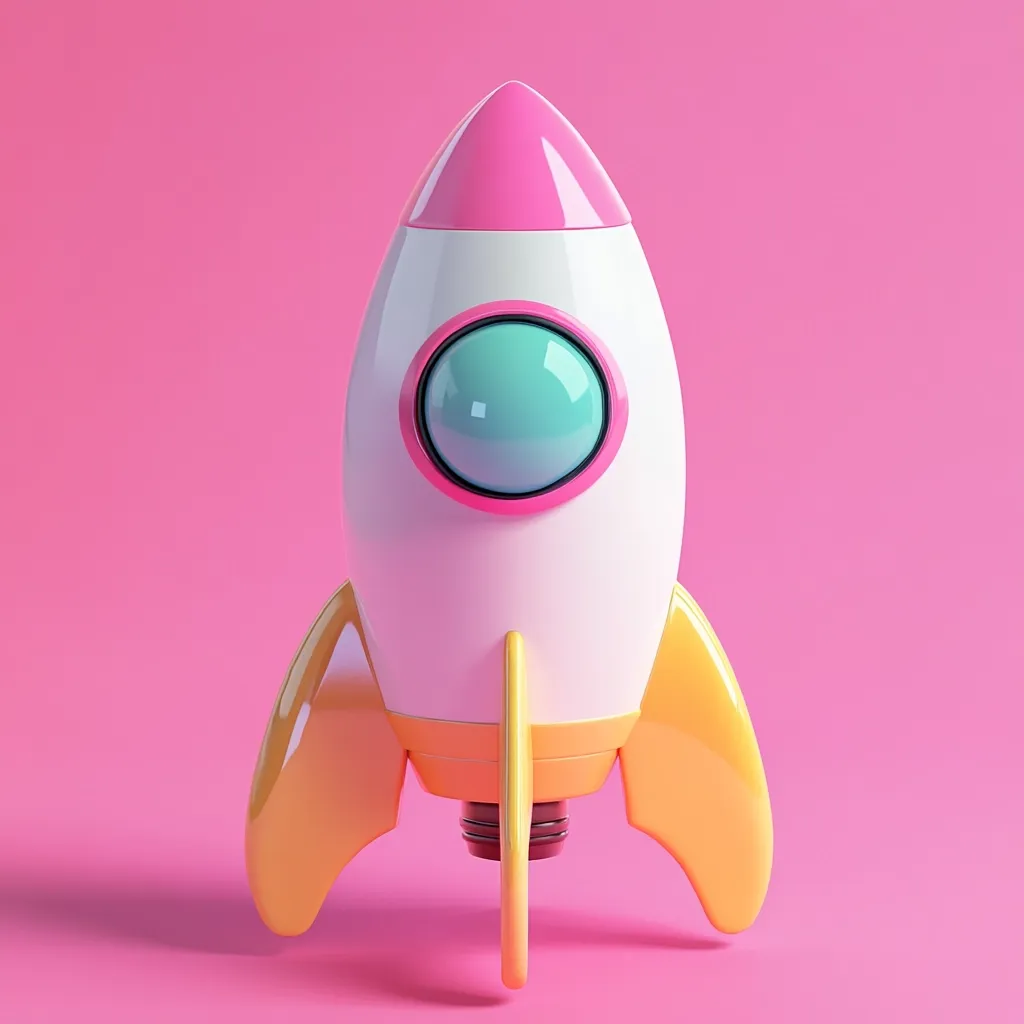 A cartoon-style rocket ship, predominantly white with pink and light orange accents, stands against a solid pink background.  Its design is simple and playful, featuring a rounded body, small fins, and a large, light teal porthole.  The overall aesthetic is cute and reminiscent of children's toys or branding for a playful, innovative company.
