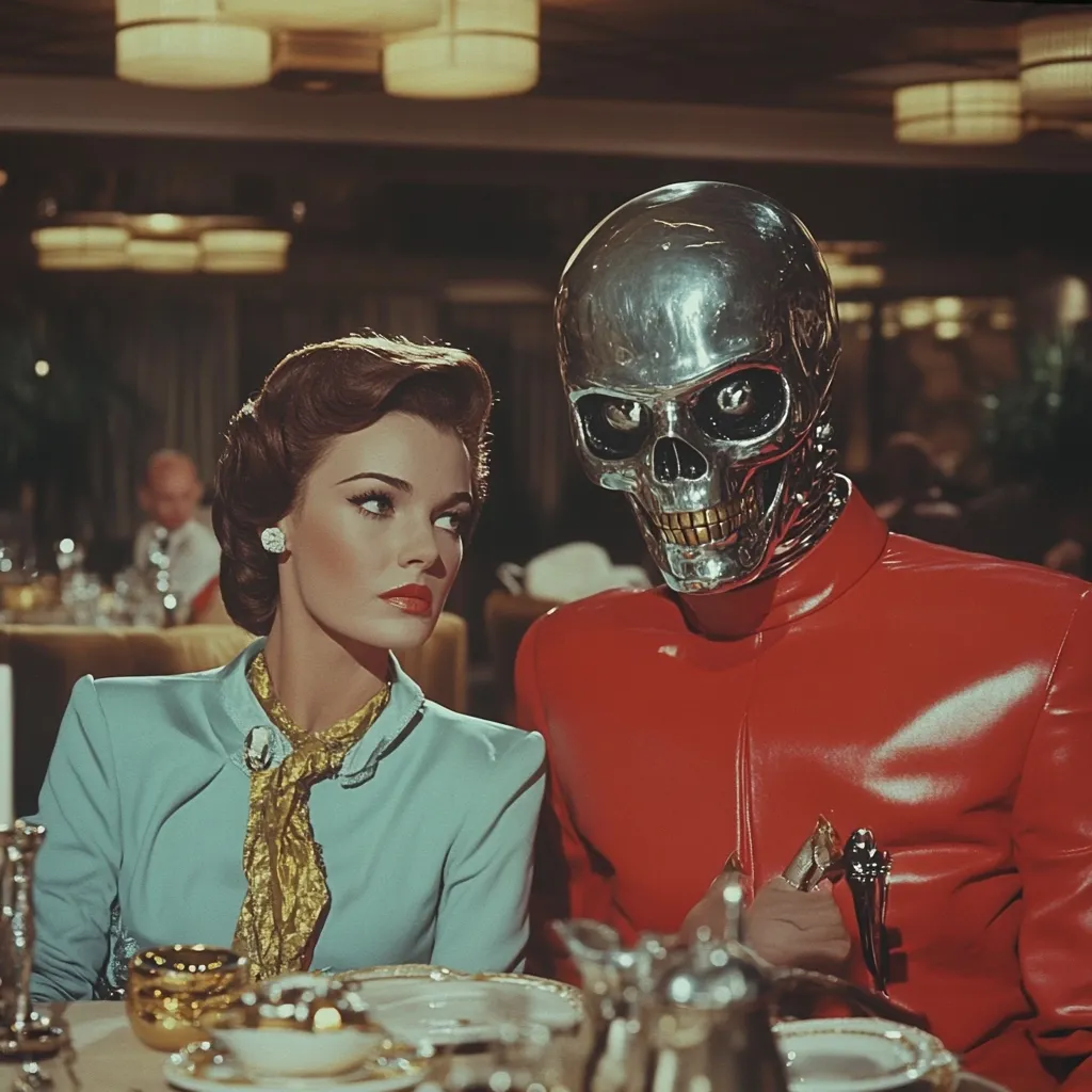 A glamorous woman in a teal suit sits across a table from a figure in a red leather jacket and a chrome skull mask. The setting appears to be a dimly lit, upscale restaurant. The woman gazes thoughtfully away, while the masked figure holds a small object.  The scene evokes a blend of classic Hollywood aesthetics and science fiction elements, possibly from a film still.